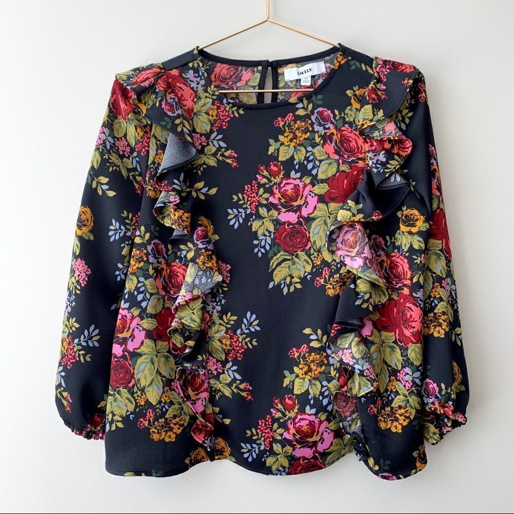 LIKELY Highland Pink Rose Floral Long Sleeve Ruffle Detail BlackTop
